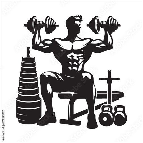 Gym man logo silhouette vector. Gym logo icon. Muscular bodybuilder with dumbbells exercising silhouette illustration on a white background