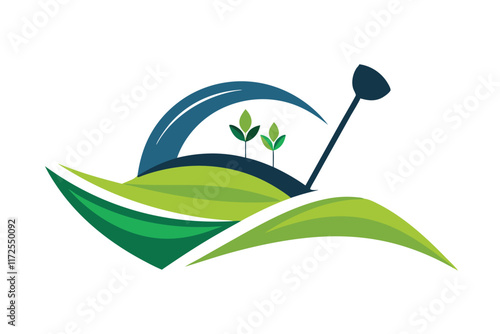 This minimalist logo showcases a golf club over lush green hills with fresh sprouts, symbolizing growth, A modern depiction of a golf club, minimalist simple modern vector logo design