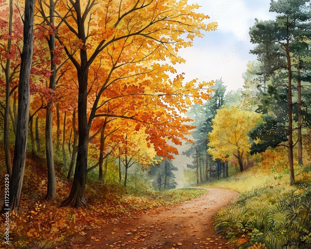 A photostock of an enchanting forest path covered in golden autumn leaves A photostock of an enchanting forest path covered in golden autumn leaves