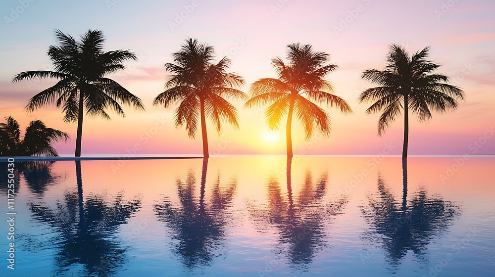 Tropical Paradise Palm Trees Silhouetted Against a Sunset Reflected in Infinity Pool Tropical Paradise Palm Trees Silhouetted Against a Sunset Reflected in Infinity Pool