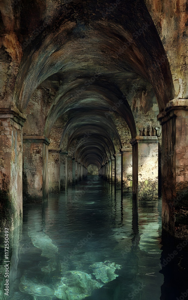 Naklejka premium engineering marvel of controlling water s power, ancient aqueduct, human harnessing water