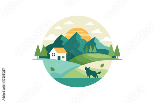 A tranquil countryside setting features pets exploring the vibrant landscape during sunset, A serene landscape with pets scattered throughout, minimalist simple modern vector logo design