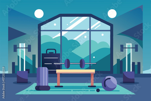 The gym features weights, benches, and exercise tools in a tranquil atmosphere under a moonlit sky, A serene image representing a modern gym with sleek design elements