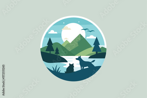 Two pets enjoy a calm afternoon by a river surrounded by mountains and greenery, A serene landscape with pets scattered throughout, minimalist simple modern vector logo design