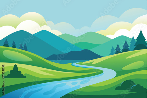 A tranquil landscape featuring rolling green hills and a winding river under a bright sky, A serene landscape with rolling hills and a calm river, minimalist simple modern vector logo design