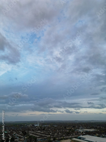 Aerial View of Bedford City of Bedfordshire, England United Kingdom During Windy and Mostly Cloudy Day. High Angle Footage Was Captured with Drone's Camera on April 5th, 2024 from Medium High Altitude photo