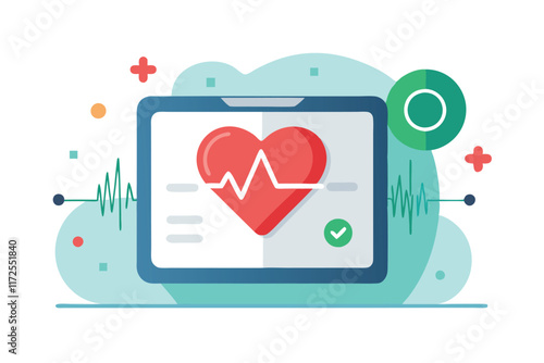 A heart rate monitor graphic shows a red heart, heartbeat line, and health indicators on a digital screen, A simple graphic of a heart rate monitor for a wellness clinic's branding