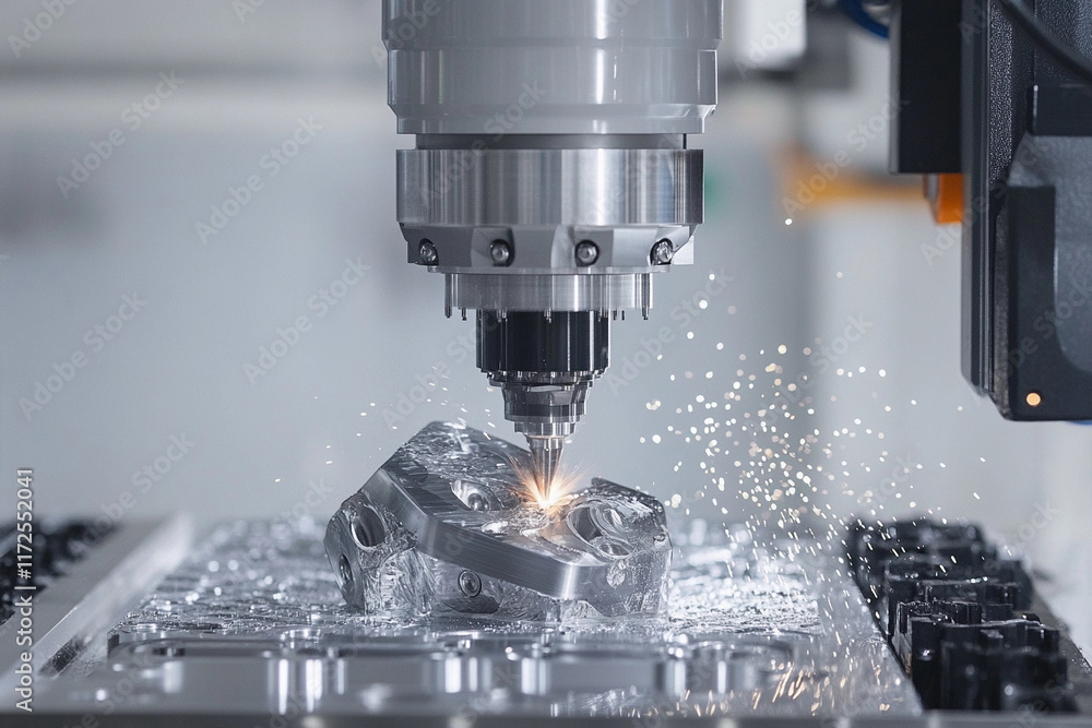 A close-up image of a CNC (Computer Numerical Control) machine cutting and shaping metal parts. The precision of the machine's tools is highlighted, with sparks flying from the cutting process. The ba A close-up image of a CNC (Computer Numerical Control) machine cutting and shaping metal parts. The precision of the machine's tools is highlighted, with sparks flying from the cutting process. The ba