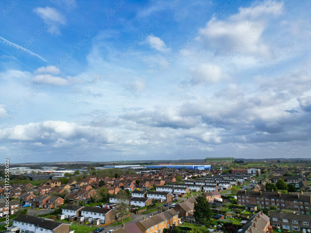 Fototapeta premium Aerial View of Bedford City of Bedfordshire, England United Kingdom During Windy and Mostly Cloudy Day. High Angle Footage Was Captured with Drone's Camera on April 5th, 2024 from Medium High Altitude