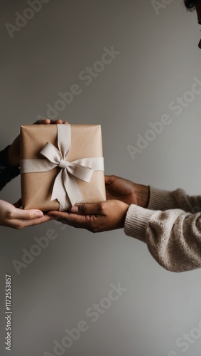 A close-up of hands giving a beautifully wrapped gift to another person. The scene conveys warmth, care, and symbolizes gratitude.