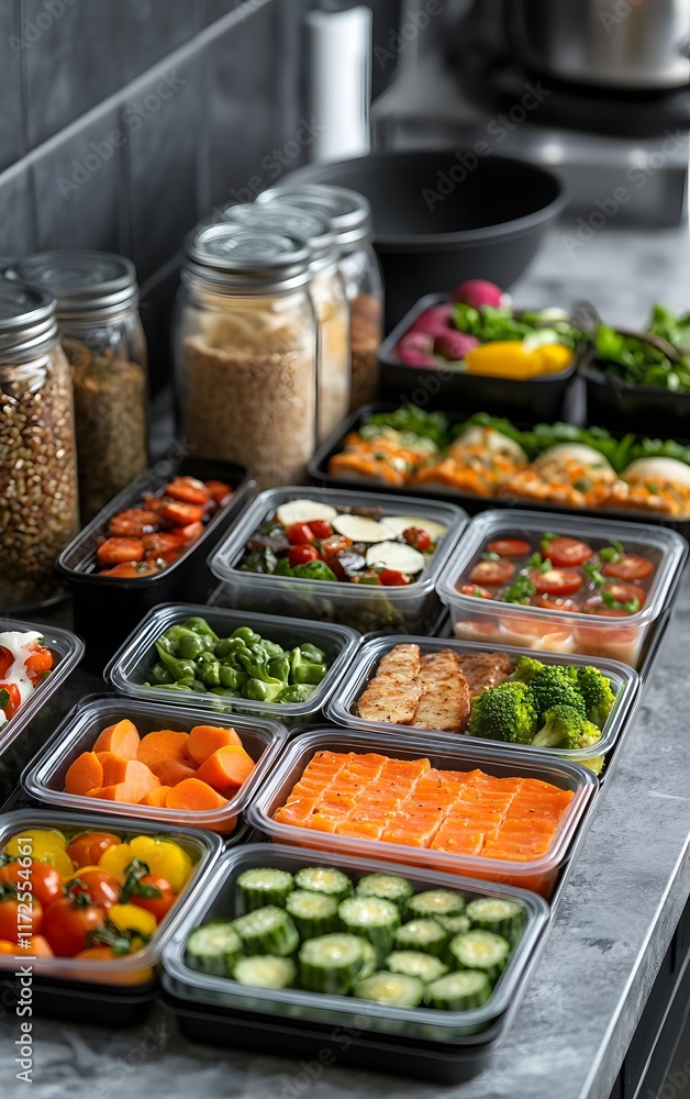 Healthy Meal Prep for Intermittent Fasting. A well organized kitchen counter with neatly prepared meal containers for a week of intermittent fasting Healthy Meal Prep for Intermittent Fasting. A well organized kitchen counter with neatly prepared meal containers for a week of intermittent fasting