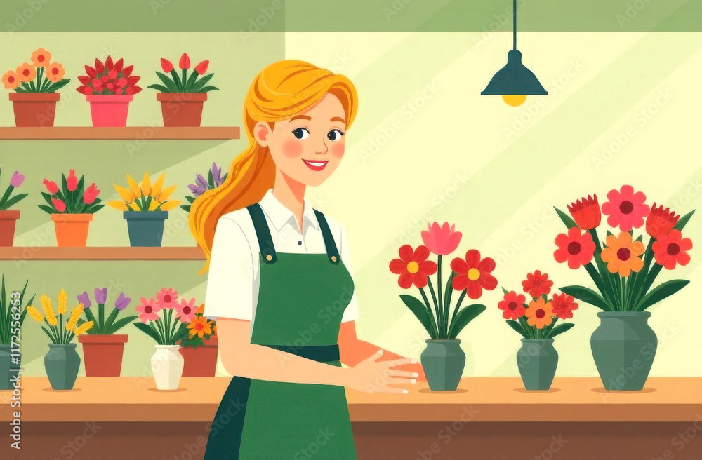 Blonde woman florist with bouquet of flowers in flower shop. Blonde woman florist with bouquet of flowers in flower shop.