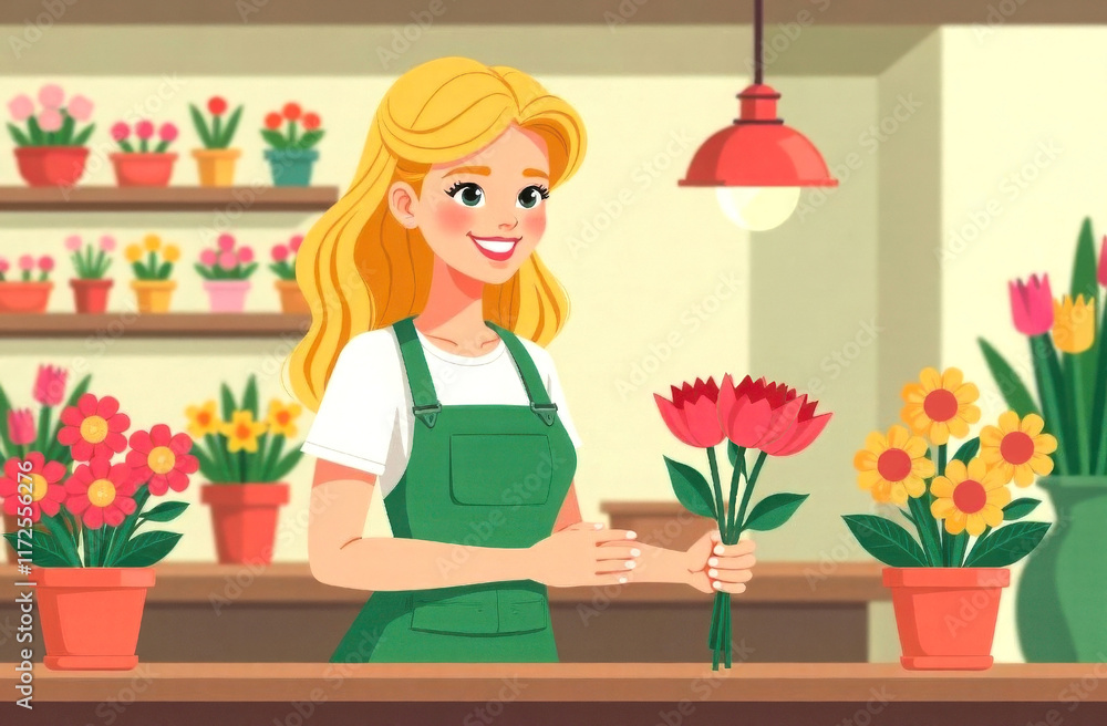 Blonde woman florist with bouquet of flowers in flower shop. Blonde woman florist with bouquet of flowers in flower shop.