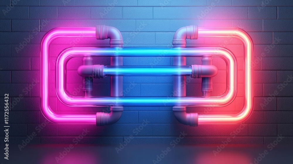 Neon abstract background idea. Colorful neon tubes create a vibrant, modern abstract design on a textured wall. Neon abstract background idea. Colorful neon tubes create a vibrant, modern abstract design on a textured wall.