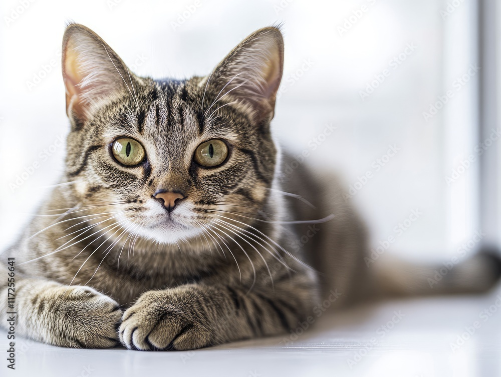 A close-up of a relaxed tabby cat with striking green eyes lying on a surface. A close-up of a relaxed tabby cat with striking green eyes lying on a surface.