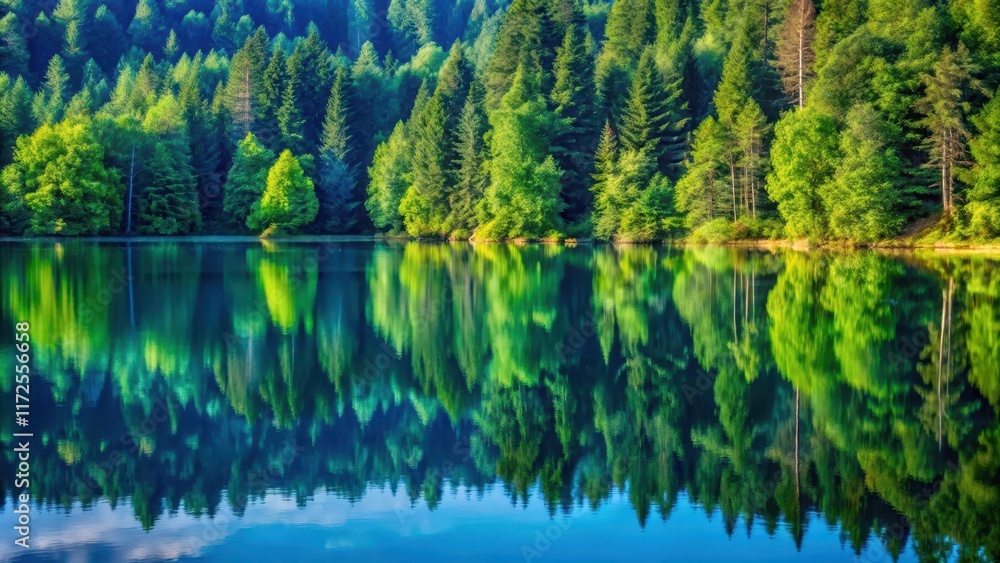 Forest trees reflected in the blue lake water during late summer, tranquil atmosphere , forest reflection Forest trees reflected in the blue lake water during late summer, tranquil atmosphere , forest reflection