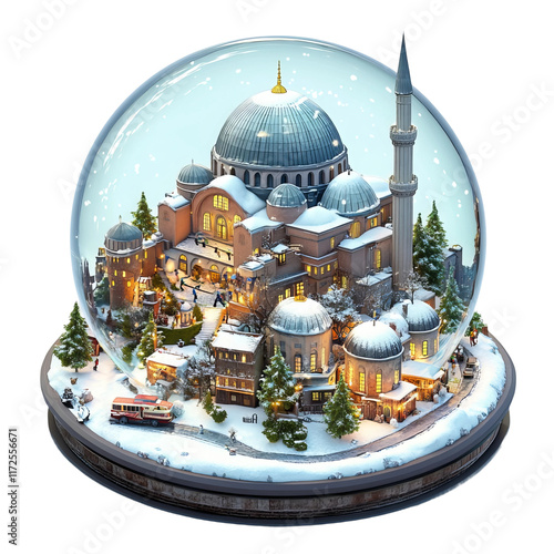Hagia Sophia Snow Globe: A miniature Hagia Sophia in a snow globe, showcasing intricate details of the iconic Byzantine architecture, surrounded by a charming snow-covered cityscape.