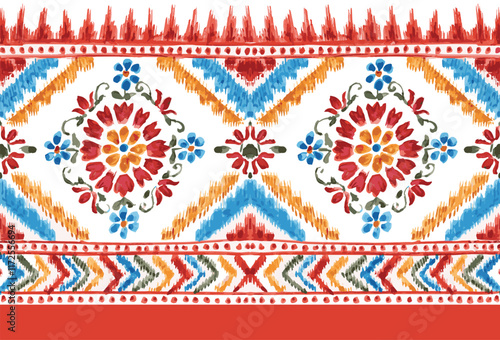 
abstract seamless hand drawn ethnic border design in ikat print. traditional mughal border.azetec pattern border design. Geometric Vector Textile Border Design.
