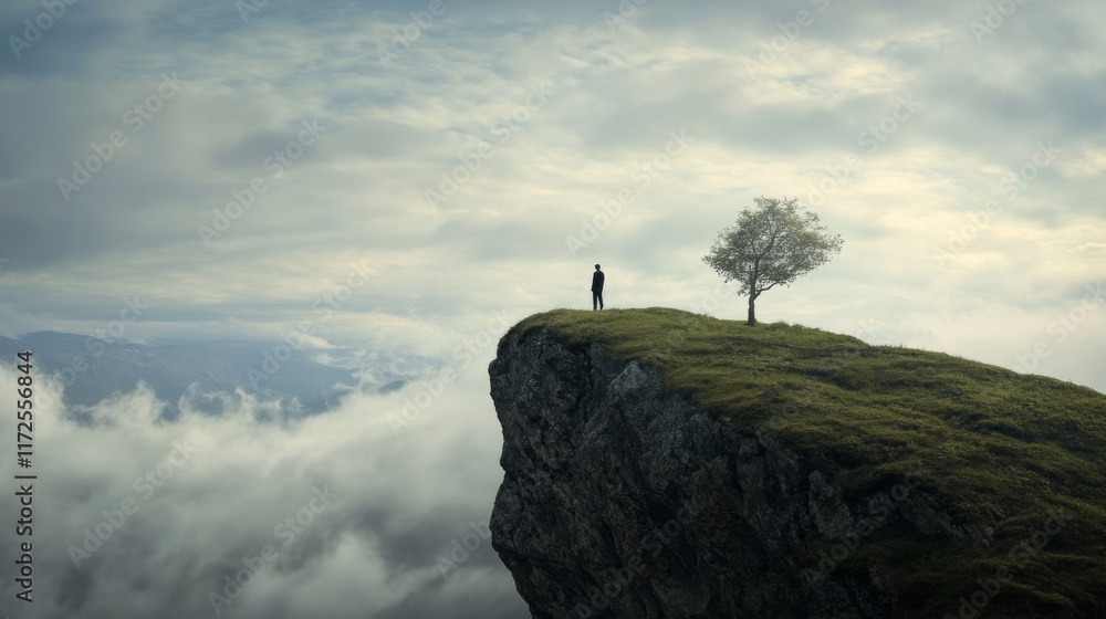 Fototapeta premium Solitary figure stands on a clifftop overlooking a misty valley, a lone tree beside them.