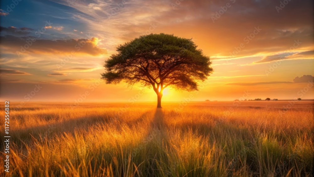 Fototapeta premium A lone tree stands in a sea of tall grass, with the sun setting behind it