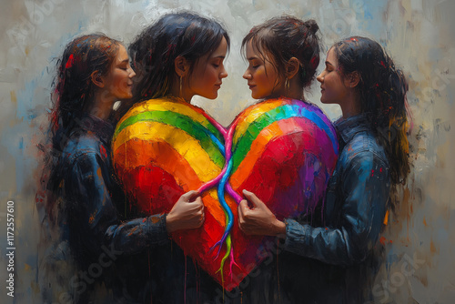 Surreal artwork of intertwined hearts reflecting love and pride in vibrant rainbow colors photo