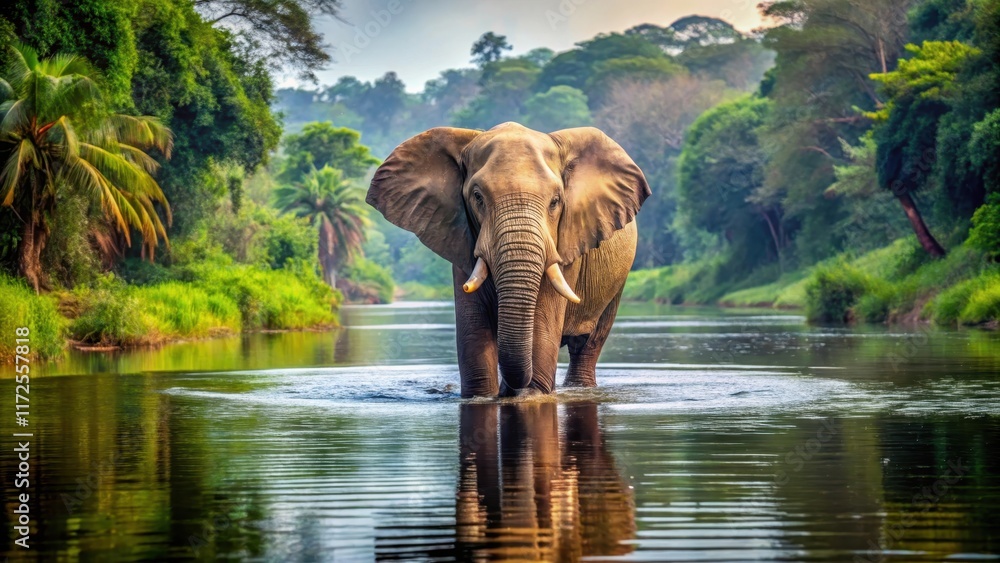 Fototapeta premium A majestic elephant wades into a calm river