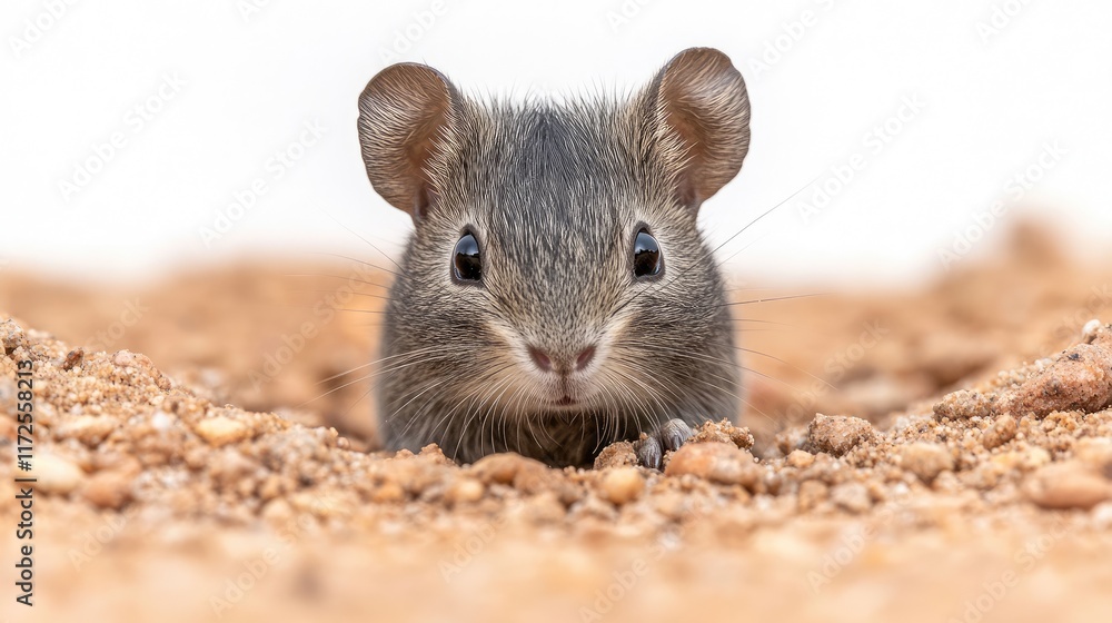A close-up of a small, cute mouse emerging from sandy ground. A close-up of a small, cute mouse emerging from sandy ground.