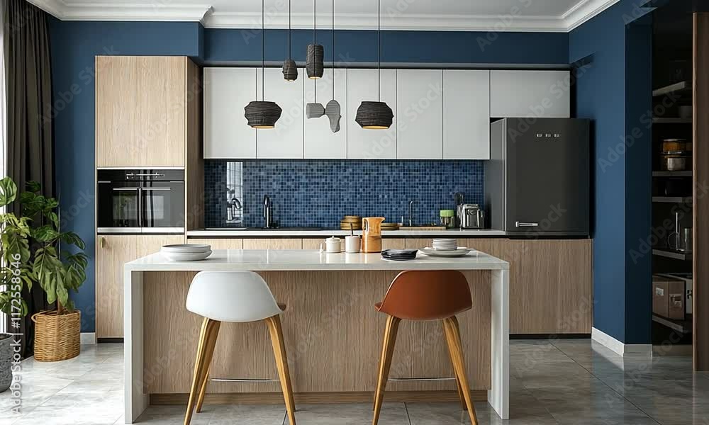 Modern kitchen with a minimalist design featuring an island and stylish seating. Modern kitchen with a minimalist design featuring an island and stylish seating.