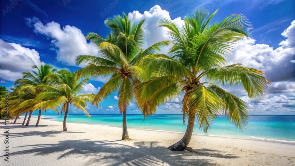 Palm trees swaying gently in the tropical breeze on a serene white sandy beach at Paradise Island , island