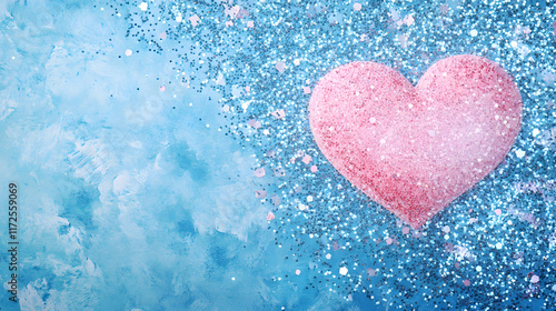 parkling Pink Heart on Glittery Blue Background photo