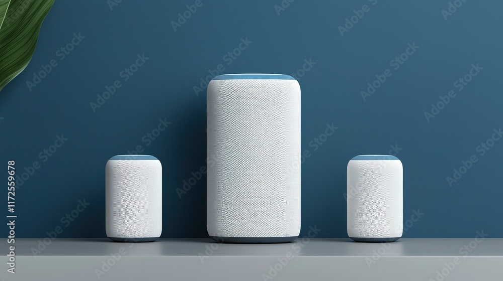 Three stylish smart speakers of varying sizes on a minimalist shelf against a blue wall, complemented by a green plant. Three stylish smart speakers of varying sizes on a minimalist shelf against a blue wall, complemented by a green plant.