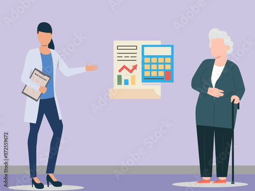 Local authority assess financial documents and doctor with vulnerable adults standing old woman with bank statement and authority. Financial report at medical patient for medical fee vect illustration