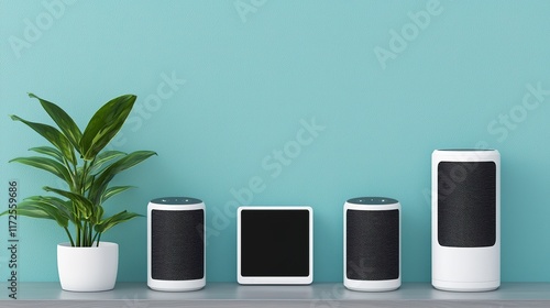 Wallpaper Mural A modern setup featuring smart speakers and a potted plant against a teal wall, showcasing a stylish and tech-savvy interior. Torontodigital.ca