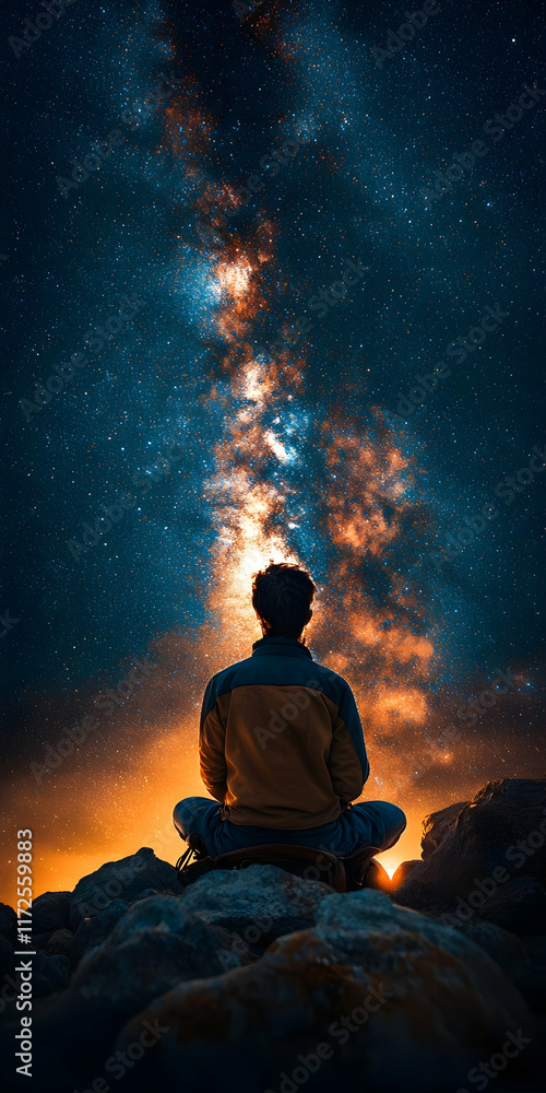 Person meditating under a vibrant night sky, filled with stars and the Milky Way. Person meditating under a vibrant night sky, filled with stars and the Milky Way.