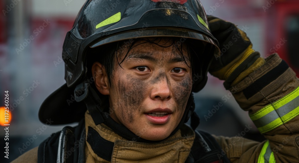 Asian female firefighter hero exhausted after battling intense blaze Asian female firefighter hero exhausted after battling intense blaze