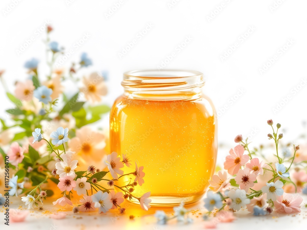 Honey Jar Surrounded by Colorful Flowers on White Background
Honey Jar Surrounded by Colorful Flowers on White Background