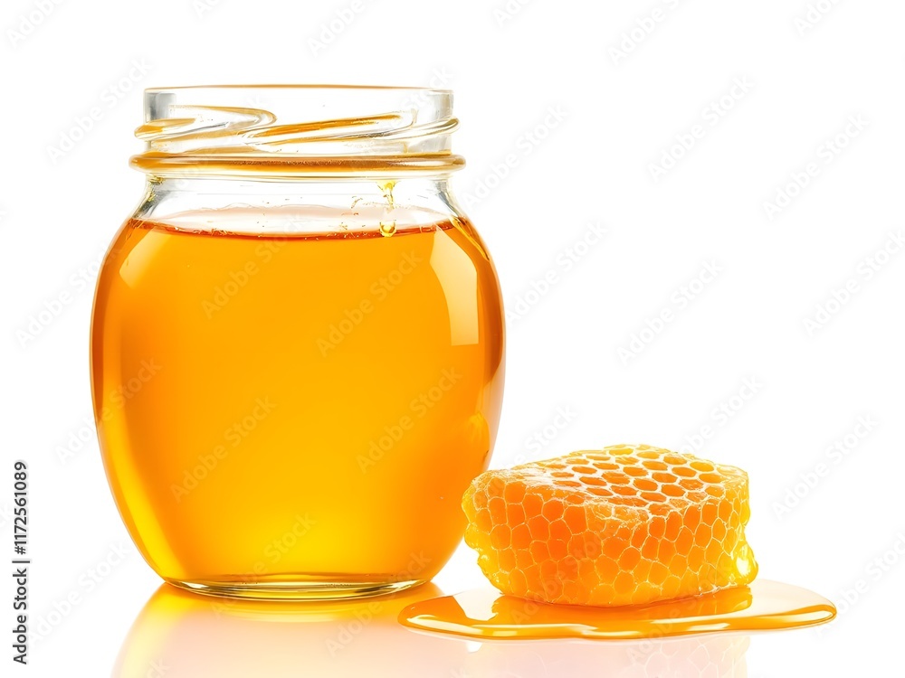 Fresh Honey Jar with Honeycomb on White Background
Fresh Honey Jar with Honeycomb on White Background
