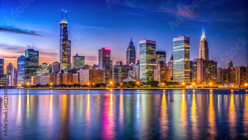 Wallpaper Mural Chicago Downtown Cityscape at Night with Skyline and Lake Michigan, neon, skyscrapers,  neon, skyscrapers, city lights Torontodigital.ca