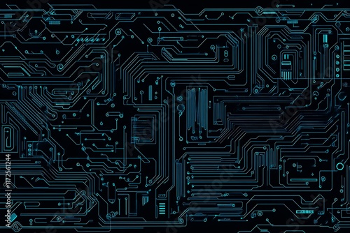 Abstract close-up of a glowing blue digital circuit board, showcasing intricate connections and technological design on a black background.
 photo