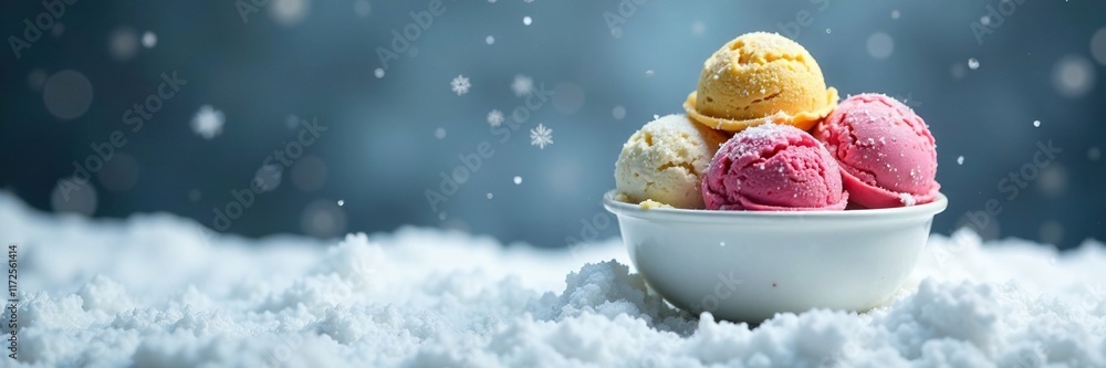 A round ice cream cup on a snowy background with snowflakes falling, frosty, dessert A round ice cream cup on a snowy background with snowflakes falling, frosty, dessert