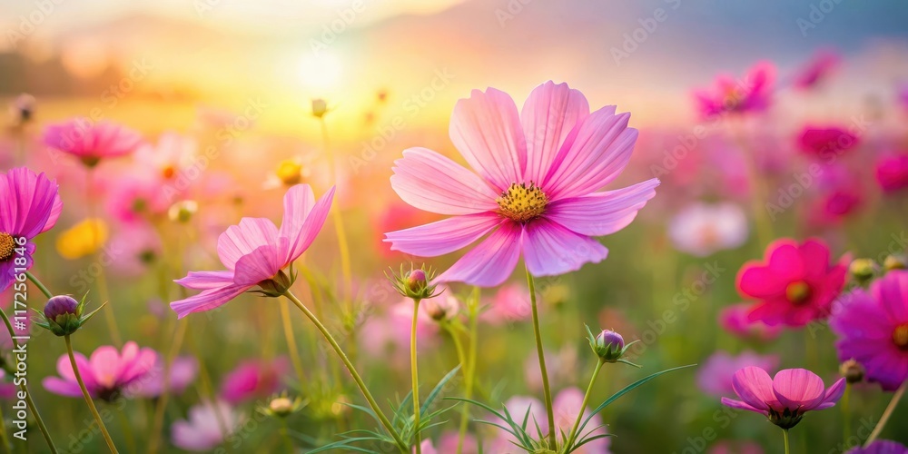 Vibrant cosmos flowers swaying gently in the breeze amidst a vast, serene field with soft focus and warm sunlight filtering through , peaceful countryside, cosmos flower field Vibrant cosmos flowers swaying gently in the breeze amidst a vast, serene field with soft focus and warm sunlight filtering through , peaceful countryside, cosmos flower field