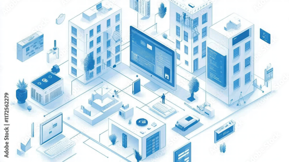 detailed depiction of property tech platform showcasing buildings, devices, and digital interfaces in modern urban setting. design emphasizes connectivity and innovation detailed depiction of property tech platform showcasing buildings, devices, and digital interfaces in modern urban setting. design emphasizes connectivity and innovation