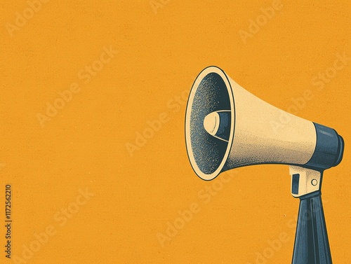 A vintage-style megaphone stands against a vibrant orange background, symbolizing communication and the amplification of voices. photo