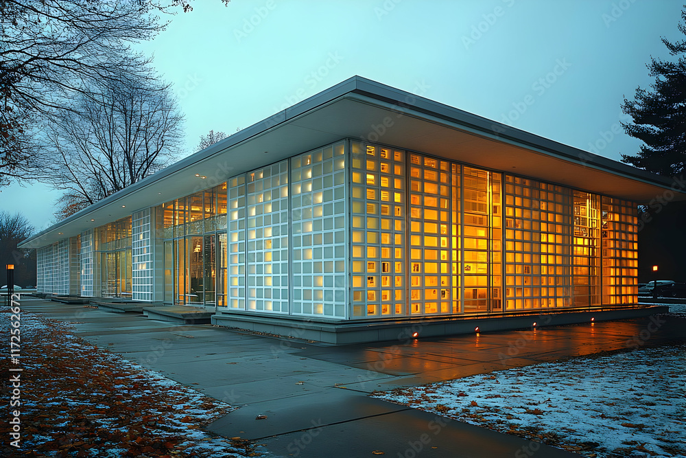 Fototapeta premium Modern glass building illuminated at dusk, snow on ground.