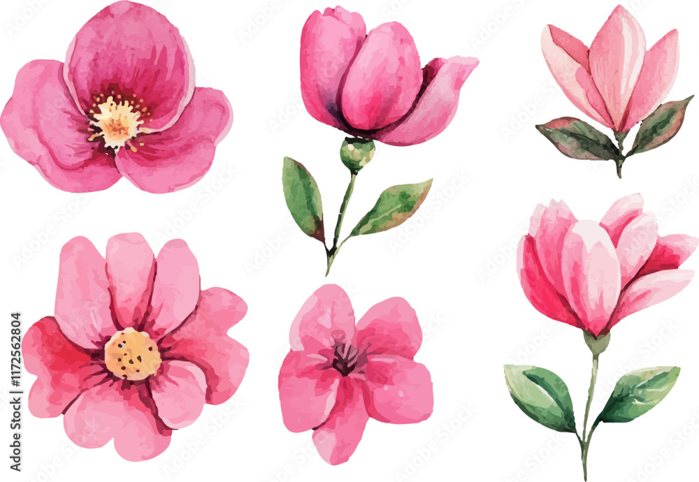 Fototapeta premium set of pink flowers isolated on white