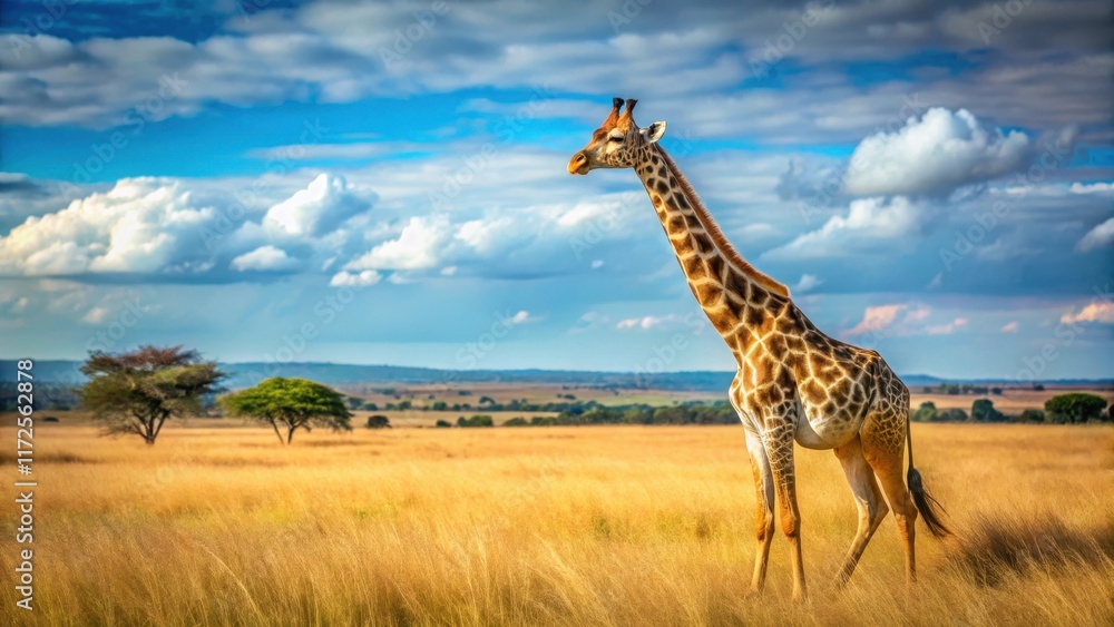 Obraz premium Majestic African Giraffe Roaming Free in Open Savannah, wildlife, wild, wildlife, wild,savannah, roam