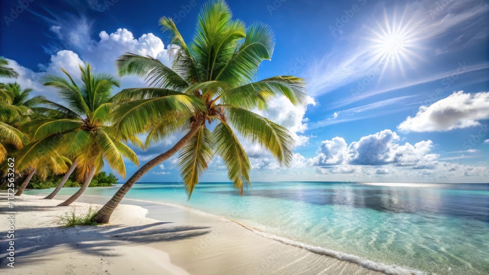 Sun-kissed palm trees sway gently in the ocean breeze as a tranquil beach scene unfolds with crystal-clear waters and powdery white sand , relaxation, serene landscape Sun-kissed palm trees sway gently in the ocean breeze as a tranquil beach scene unfolds with crystal-clear waters and powdery white sand , relaxation, serene landscape