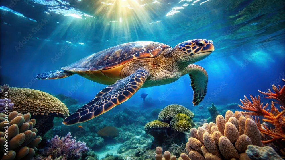 Fototapeta premium Sea turtle swimming in the ocean, oceanic environment, coral reef, oceanic environment