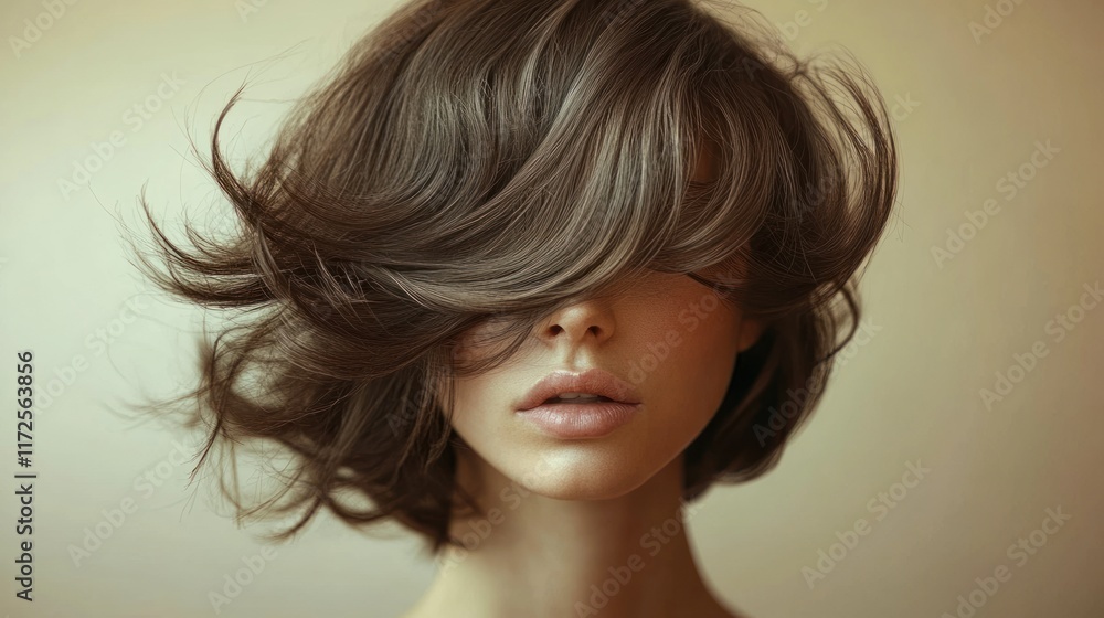 Naklejka premium A model girl with a unique avant-garde hairstyle resembling flowing waves stands on a minimalistic beige background.