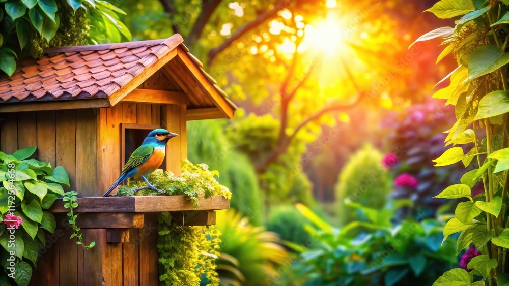 Colorful home bird perched on a wooden beam sits quietly surrounded by lush tropical plants and vines in warm sunlight, warm sunlight, wooden beam Colorful home bird perched on a wooden beam sits quietly surrounded by lush tropical plants and vines in warm sunlight, warm sunlight, wooden beam